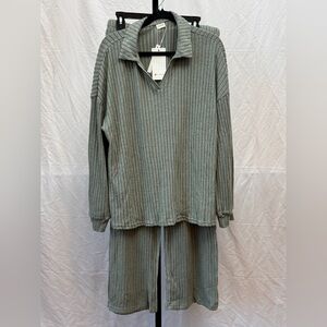 328 - Evaless Elegant Ribbed V-neck Collared Top and Pants Set in Sage